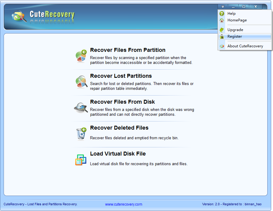 Register CuteRecovery - Menu